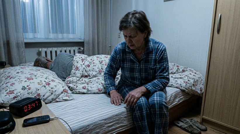 Kobieta siedząca na łóżku nocą